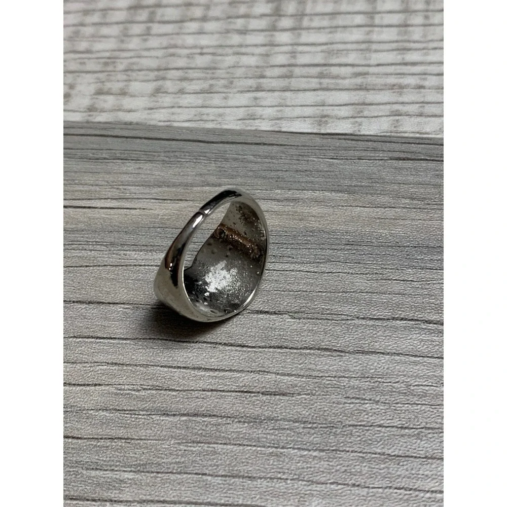 Silver Tone Black White Checkered Heart Enamel Adjustable Ring Size 7 Y2K Retro